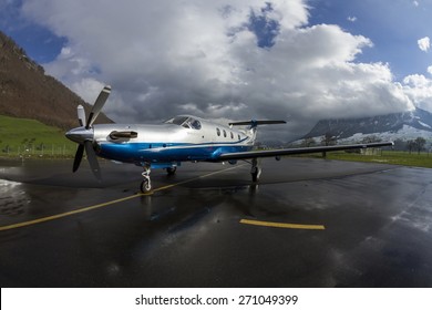 Single turboprop aircraft Pilatus PC-12. Stans, Switzerland, 29th November 2010