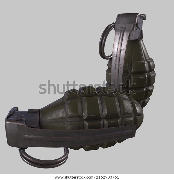 Single unexploded black metal  hand grenade\
with round pin on white background.Explosives for tactical action.\
3d illustration