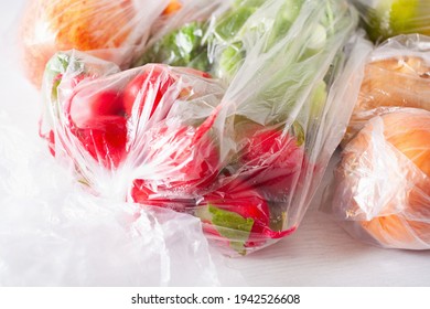 Single Use Plastic Waste Issue. Fruits And Vegetables In Plastic Bags