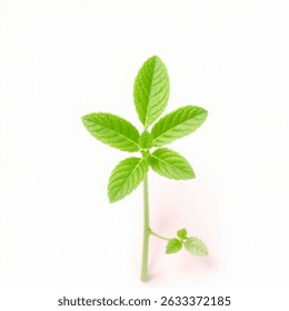 A single, vibrant green mint leaf rests flat on a pure white background.
The veins are sharply detailed, with fine serrated edges.
Natural lighting gives it a clean, fresh appearance.