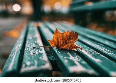 A single, vibrant orange maple leaf lies on a wet, green wooden park bench, glistening with raindrops. The background is softly blurred, hinting at an autumnal park setting.
