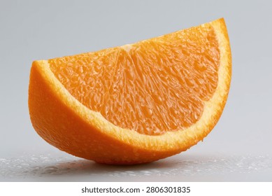 A single, vibrant orange slice is presented in a close-up view, showcasing its textured pulp and bright rind against a clean, neutral backdrop.