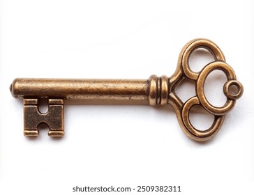 A single vintage skeleton key, isolated on a white background