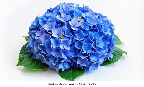 A single, vivid blue hydrangea flower with green leaves, photographed in close-up. - Powered by Shutterstock