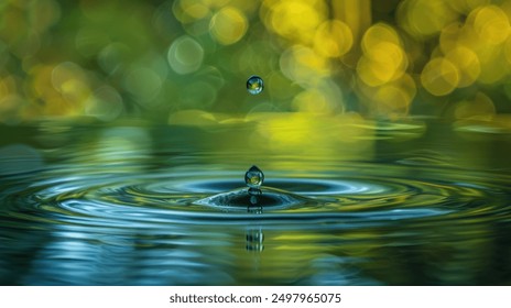 A single water drop creates ripples in still water with a blurry green background - Powered by Shutterstock