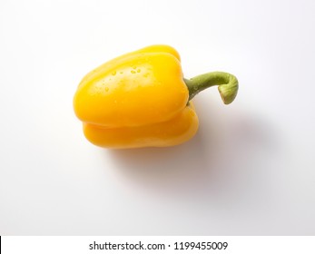 Single, wet, fresh, ripe, yellow bell pepper with contact shadow, isolated on white background