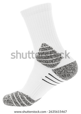 A single white athletic sock designed for comfort and durability with cushioned zones on the heel, toe and arch. The sock is on a mannequin foot against white background