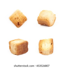 Single White Bread Garlic Crouton Isolated Over The White Background Set Of Four Different Foreshortenings