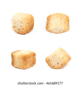 Single White Bread Garlic Crouton Isolated Over The White Background Set Of Four Different Foreshortenings