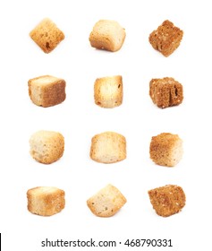 Single White Bread Garlic Crouton Isolated Over The White Background, Set Of Twelve Different Foreshortenings