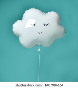 Single White Cloud Metallic Balloon For Kids Birthday On Blue Mint Background