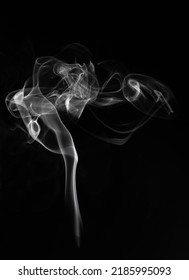 A Single White Smoke Burn From Incense, Shot In Studio With Dark Black Background, For Design And Religion Concept