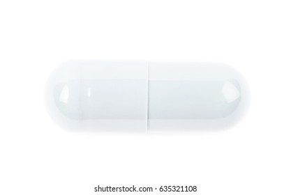 Single white softgel capsule pill dietary drug, isolated over the white background