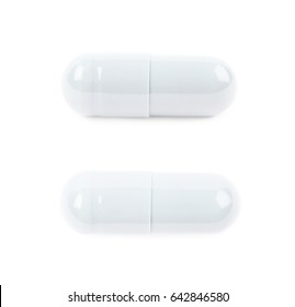 Single white softgel capsule pill dietary drug, isolated over the white background, set of two different foreshortenings