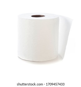 Einzige weiße Toilettenpapierrolle einzeln auf weißem Hintergrund.