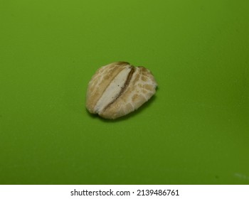 A Single Whole Grain Rolled Oat On A Green Background.