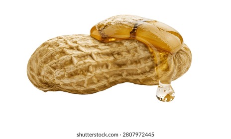Single whole peanut in shell covered with thick golden honey syrup drip