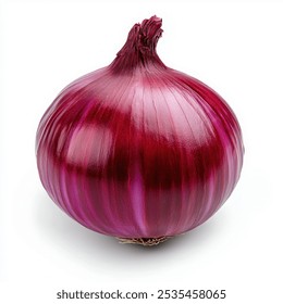 A single, whole red onion, with its layers of skin visible, photographed against a white background.