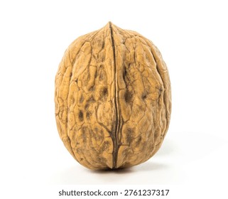 Single whole walnut in intact shell, isolated on pure white background with soft shadow â€” ideal for food, health, and nutrition content.