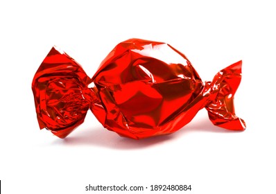 Single Wrapped Red Candy Isolated On A White Background