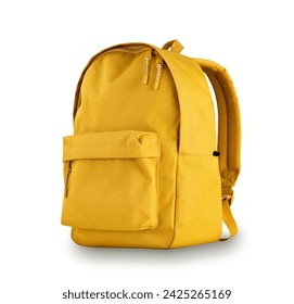 Single yellow backpack isolated with shadow on white background.Schoolbag,rucksack,knapsack.