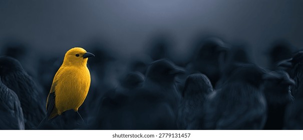 A single yellow bird is in sharp focus, while the rest of the flock is out of focus, creating a sense of individuality.