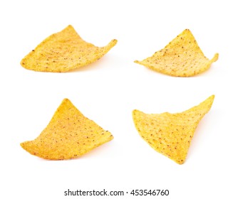 Single Yellow Corn Tortilla Chip Isolated Over The White Background, Set Of Four Different Foreshortenings