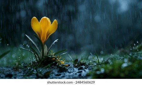 A single yellow flower stands resiliently amidst a rainy scene, illuminated softly against a dark, blurred background.  - Powered by Shutterstock