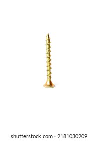 Single Yellow Zinc Coated Steel Screw Isolated On White Background. Fasteners.