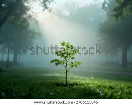 A single young tree sapling stands center frame in a grassy field, bathed in dramatic sunlight rays filtering through the thick morning fog of a forest.