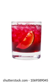 A Single-colored, Pink, Red, Transparent Cocktail In A Low Glass With Crushed Ice Frappe And Lime Slice. Side View. Isolated White Background. Drink For The Menu Restaurant, Bar, Cafe