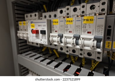 Single-phase circuit breakers in the switchboard. - Shutterstock ID 2237521899