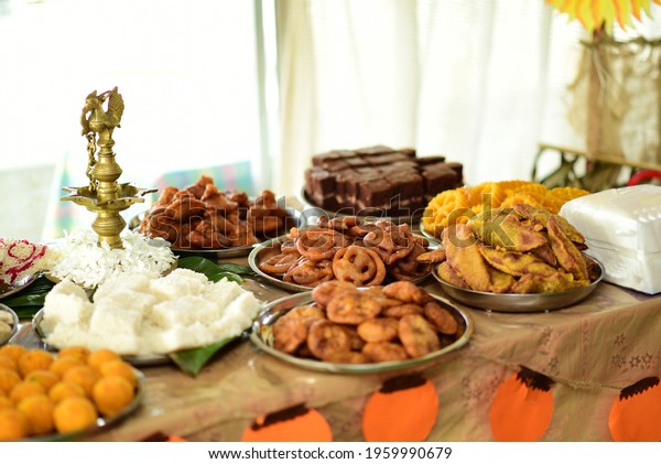 Sinhala hindu new year Food Table.Sri lankan Most\
famous fastival in april.Decorated food table with full of\
different types of  oil cakes.\
