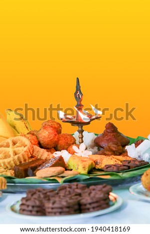 Sinhala Tamil New Year Traditional Foods with Oil lamp.