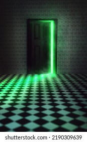 A Sinister Room With Wooden Door Slightly Open. Green Light And Smoke Shows Through Crack In Door Way. Black And White Tile Floor. Creepy Thriller Style Book Cover Concept Image With Copy Space