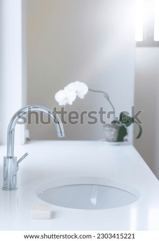 Sink, counter, bar of soap and flower in modern bathroom