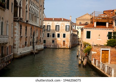 Sinking City Venice Beautiful View On Narrow Beautiful Canal With Ancient Buildings In Italy