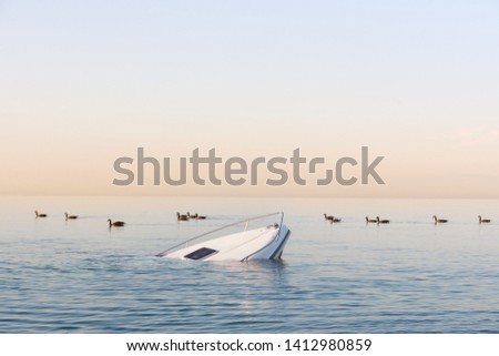 Sinking modern large white boat goes underwater