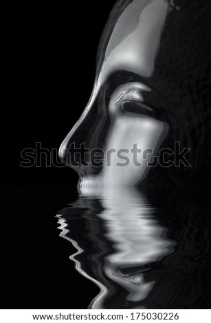 sinking translucent reflective human head made of glass on reflective water surface in black back