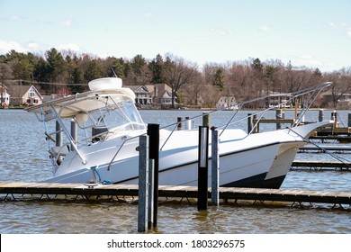 Sinking White Catamaran Boat In Marina Boat Slip