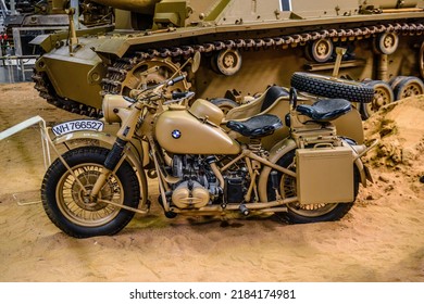 SINSHEIM, GERMANY - MAI 2022: Military Sand Sidecar Motorbike Motorcycle BMW R75 1943 26ps WW2 3rd Reich Nazi Germany