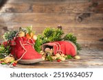 Sinterklaas, Saint Nicholas day background. Little kid red shoe with carrots and sweets, trooigoed, pepernoten, candy. Dutch Christmas holiday on cozy wooden background. 