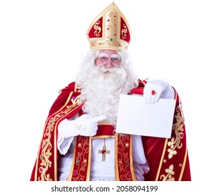 Sinterklaas White Background Point To Blank Page Index Finger Close Up