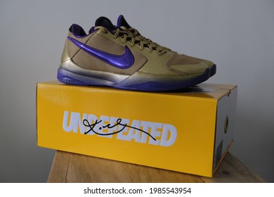 Sint-Niklaas, Belgium - 04 06 2021: Nike Kobe 5 Protro Undefeated Hall of Fame displayed on box in front of white wall. 