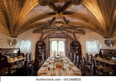 SINTRA, PORTUGAL: Cleaning Women Making Nice Interior Of Dinning Room Of 19th Century Pena Palace On 16 May, 2019. Historical Castle And An UNESCO World Heritage Site.