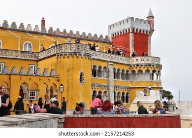 SINTRA, PORTUGAL - MAY 21, 2018: Tourists Visit Pena Palace Tourist Attraction In Sintra. Portugal Had 12.7 Million Foreign Visitors In 2017.