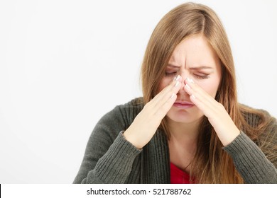 Sinus Ache Causing Very Paintful Headache. Unhealthy Woman In Pain. Sharp Strong Sore.