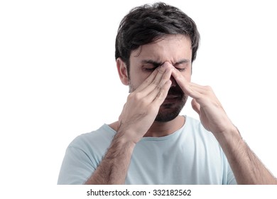 Sinus Pain, Sinus Pressure, Sinusitis. Sad Man Holding His Nose Because Sinus Pain