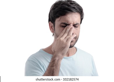 Sinus Pain, Sinus Pressure, Sinusitis. Sad Man Holding His Nose Because Sinus Pain