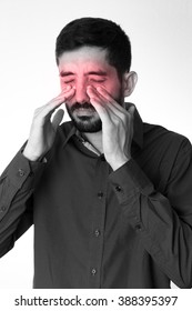 Sinus Pain, Sinus Pressure, Sinusitis. Sad Man Holding His Nose Because Sinus Pain